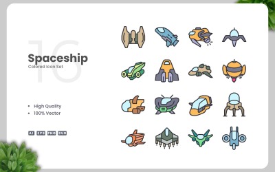 16 Spaceship Colored Icons Set