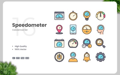 Conjunto de 16 ícones coloridos de velocímetro