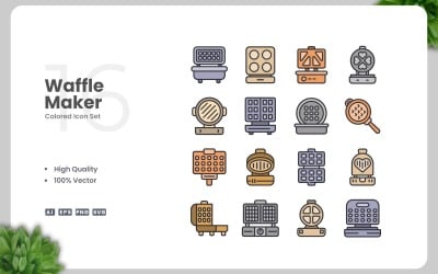 Conjunto de 16 iconos de colores para hacer waffles
