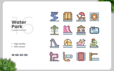 16 Su Parkı Renkli Simge Seti