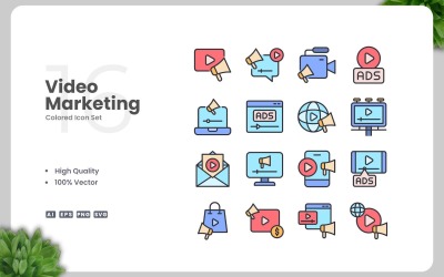 16 Video Marketing gekleurde pictogrammenset
