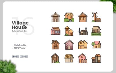 16 Village House Colored Icons Set