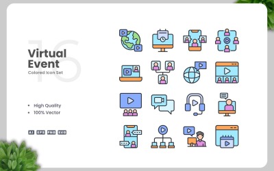 16 virtuella händelse färgade ikoner Set