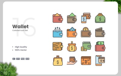 16 Wallet Colored Icons Set