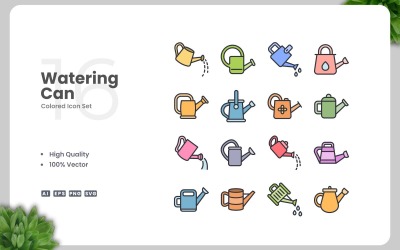 16 Watering Can Colored Icons Set