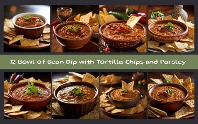 Bowl of Bean Dip with Tortilla Chips and Parsley