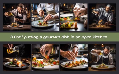 Chef che impiatta un piatto gourmet in una cucina a vista