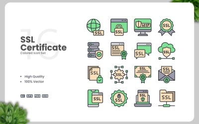 Conjunto de 16 iconos de colores de certificados SSL