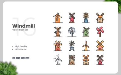 16 Windmill Colored Icons Set