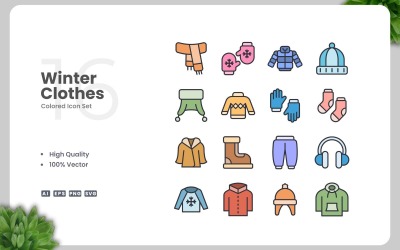 16 Winter Clothes Colored Icons Set