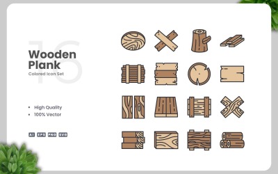16 Wooden Plank Colored Icons Set
