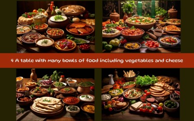 A table with many bowls of food including vegetables and cheese