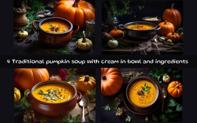 Traditionelle Kürbissuppe mit Sahne in einer Schüssel und Zutaten