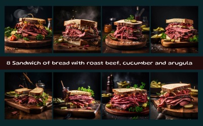 Sandwich aus Brot mit Roastbeef, Gurke und Rucola