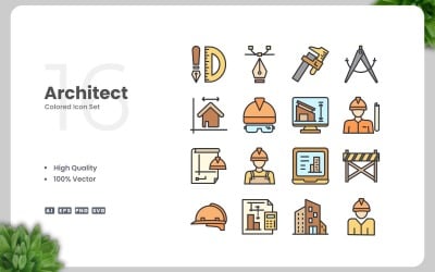 Conjunto de 16 iconos de colores de arquitecto