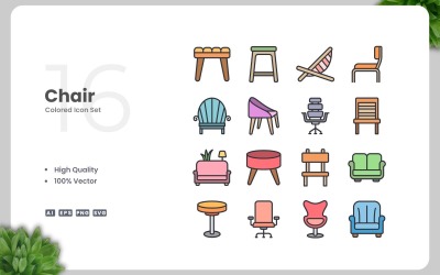 Ensemble de 16 icônes colorées de chaises