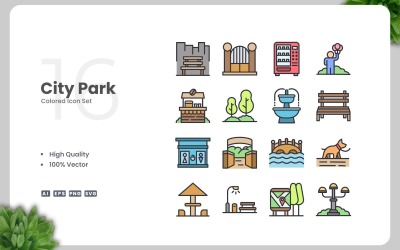 16 City Park färgade ikoner Set