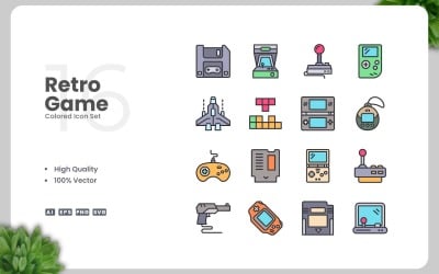 16 Retro Game Colored Icons Set