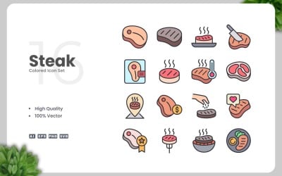 16 Steak Colored Icons Set