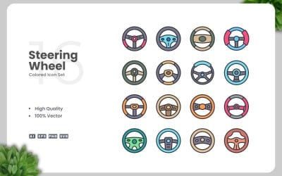 16 Steering Wheel Colored Icons Set