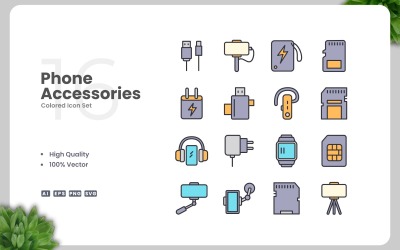 Set van 16 gekleurde pictogrammen voor telefoonaccessoires