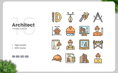Zestaw 16 kolorowych ikon architekta