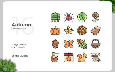 Zestaw 16 kolorowych ikon jesieni