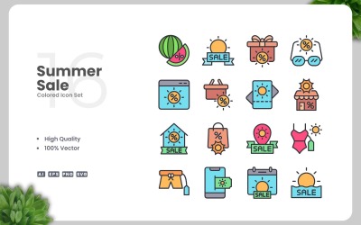 Conjunto de 16 iconos de colores de rebajas de verano