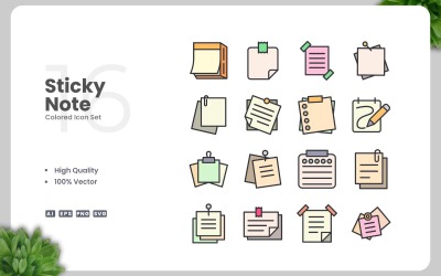 16 Sticky Note Colored Icons Set