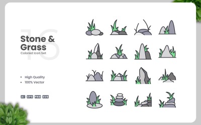 16 Stone and Grass Colored Icons Set