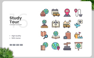 16 Study Tour Colored Icons Set