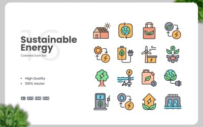 16 Sustainable Energy Colored Icons Set