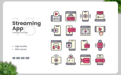 16 Uppsättning färgade ikoner för streamingapp