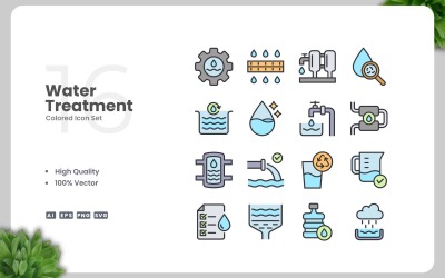 16 Water Treatment Colored Icons Set