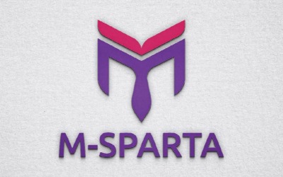 Modello di logo aziendale astratto con maschera da soldato guerriero di Sparta con lettera M