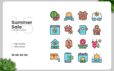 Zestaw 16 kolorowych ikon letniej wyprzedaży