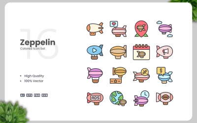 Conjunto de 16 ícones coloridos do Zeppelin