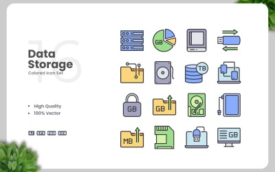 16 Data Storage Colored Icons Set
