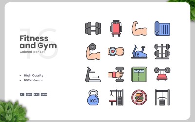 16 Fitness och Gym färgade ikoner Set