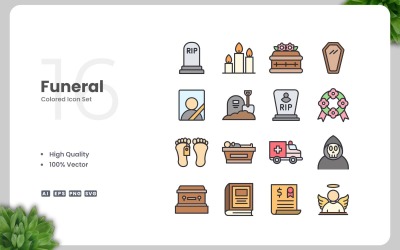 16 Funeral Colored Icons Set