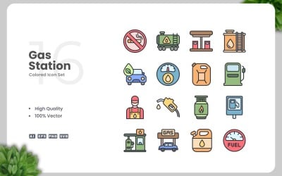 16 Gas Station Colored Icons Set