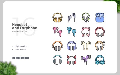16 gekleurde pictogrammen voor headsets en oortelefoons