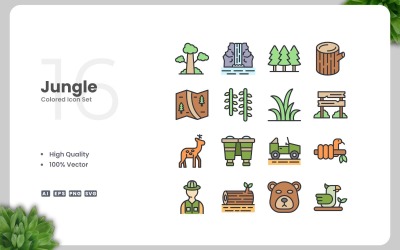Ensemble de 16 icônes colorées de la jungle