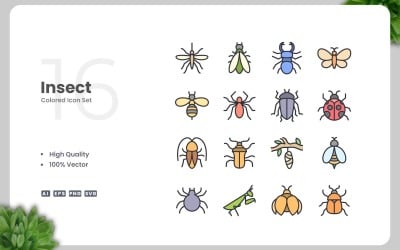 16 Insect Colored Icons Set