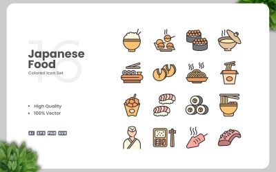 16 Japanese Food Colored Icons Set
