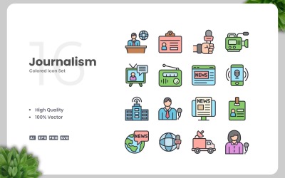 16 Journalistieke gekleurde pictogrammenset