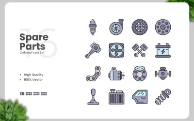 16 Spare Parts Colored Icons Set