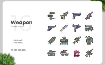 16 Weapon Colored Icons Set