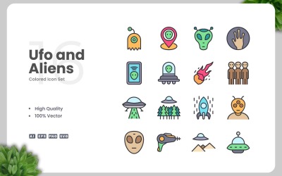 Sada 16 barevných ikon UFO a mimozemšťanů