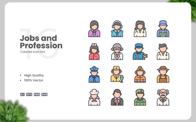 Set di 16 icone colorate per lavori e professioni